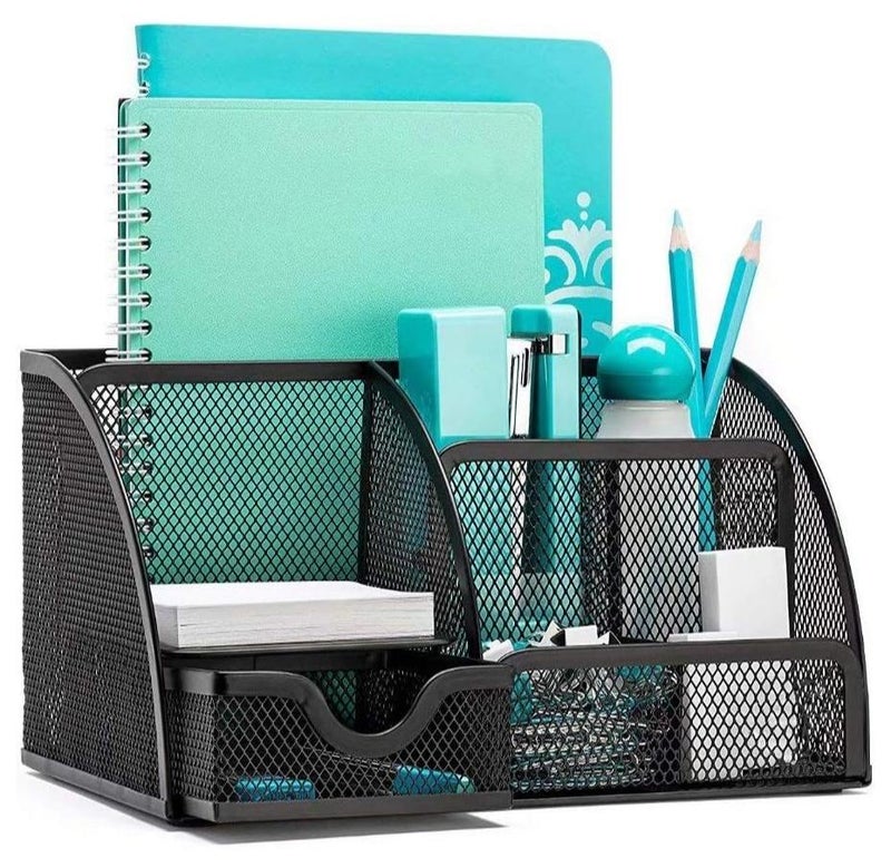 Multipurpose 6-Compartment Metal Mesh Pen Holder for Office Supplies with Pull-Out Drawer - Black - Image 1