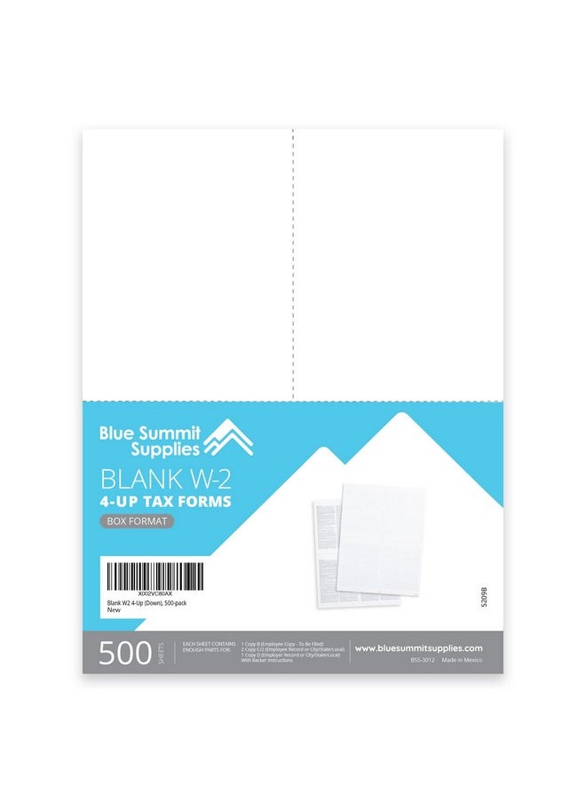 Blue Summit Supplies - Blank 2024 W2 4-Up (Down), 500-Pack, 500 Employee Forms, Designed For Quickbooks And Accounting Software, Ideal For E-Filing, Works With Laser Or Inkjet Printers, 500 Four Part Forms - Image 1