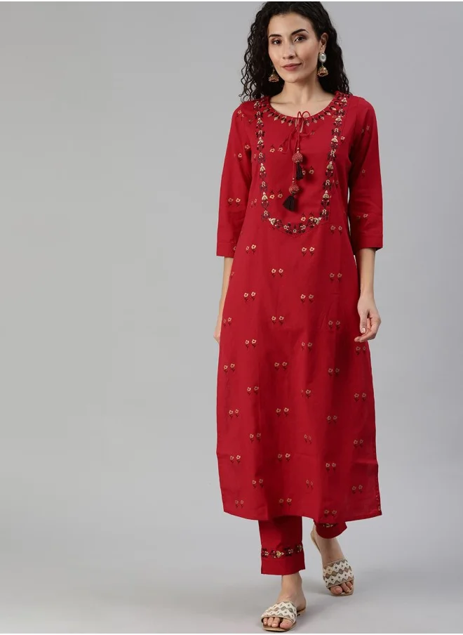 آي شين Women Red Yoke Embroidered Kurta With Trousers