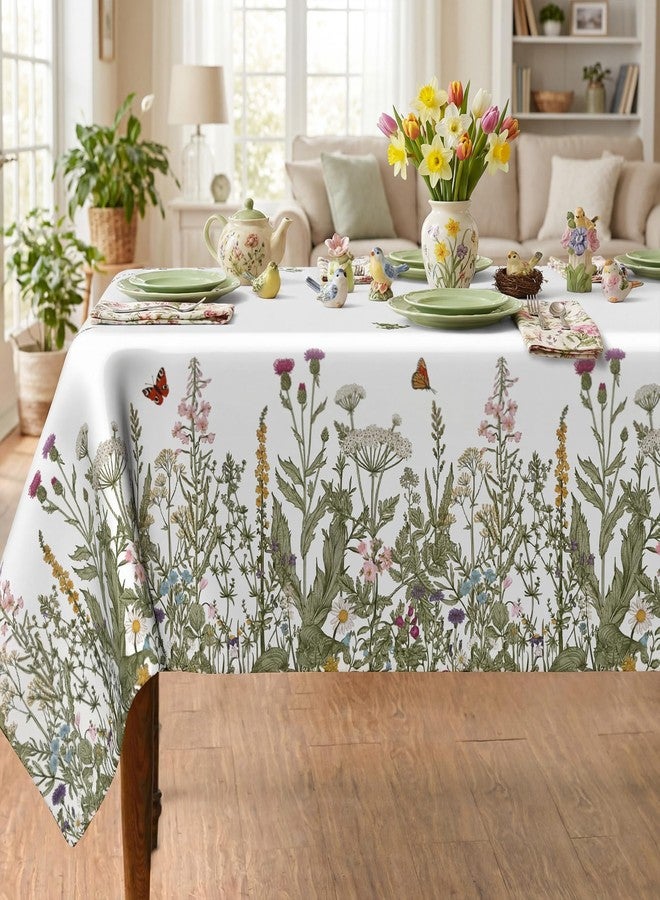 JNDJE مفرش طاولة ربيعي من JNDJE، مقاس 60 × 84 بوصة، مزين بزهور برية ربيعية، مناسب لتزيين طاولة المنزل، مفرش طاولة مستطيل الشكل مزين بنباتات صيفية، مصنوع من البوليستر، مثالي للنزهات والحفلات والعشاء. - Image 1