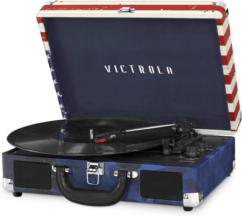 Victrola Vintage 3-Speed Bluetooth Portable Suitcase Record Player with Built-in Speakers - American Flag Design, Model VSC-550BT-USA - Image 1