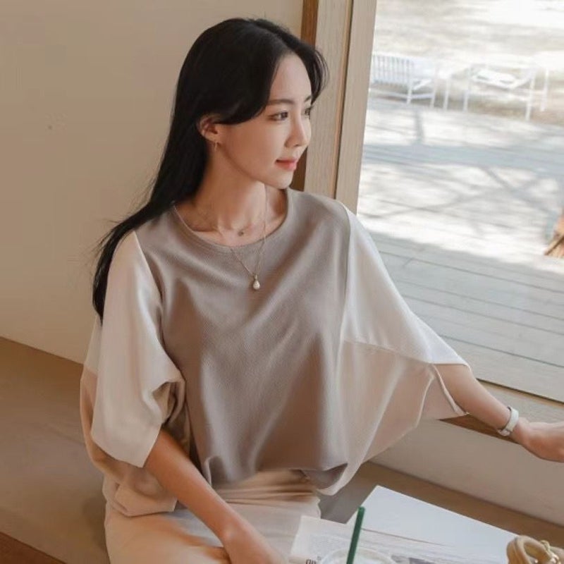 2023 Spring/Summer South Korea New Design Fashion Color Matching Personality Stitching Loose Batwing Sleeve Round Neck Casual T-Shirt - Image 2