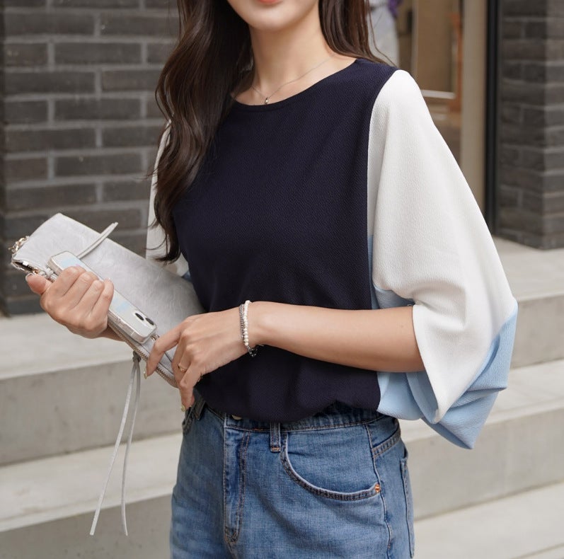 2023 Spring/Summer South Korea New Design Fashion Color Matching Personality Stitching Loose Batwing Sleeve Round Neck Casual T-Shirt - Image 1