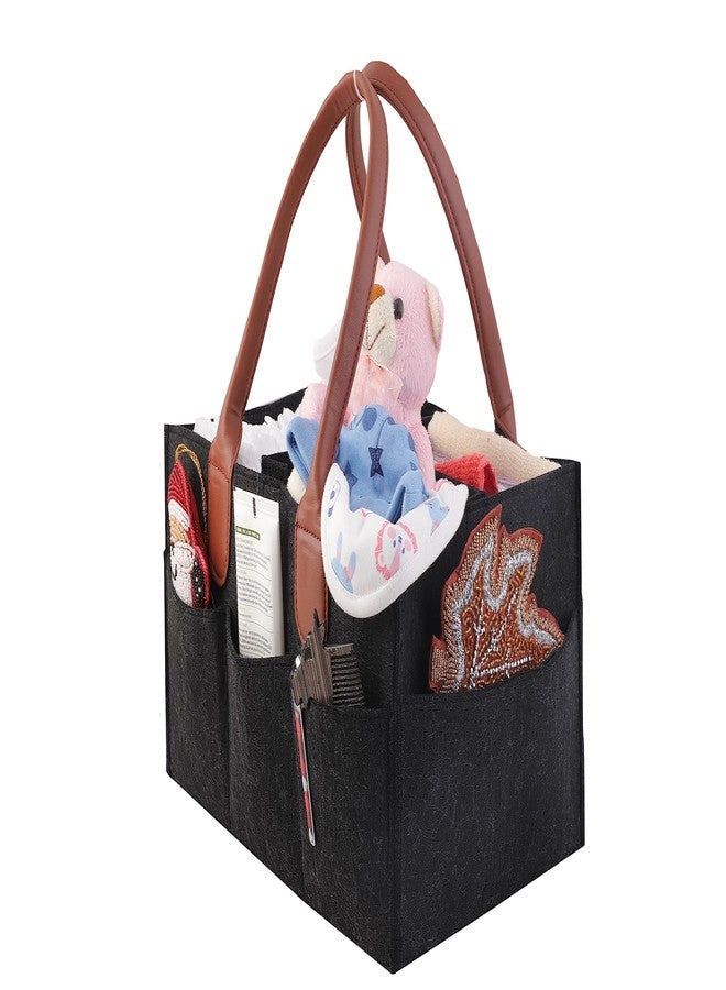Mysa Felt Baby Diaper Caddy Nursery Storage Bin Basket Car Organizer With Vegan Leather Handle For Diapers And Baby Wipes For Changing Table, Suitable For Indoor Outdoor (Black) - Image 3