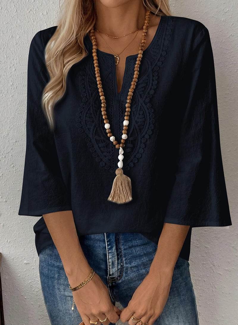 EVALESS Spring Tops for Women Trendy 2026 Boho 3/4 Sleeve Embroidered Lace V Neck Business Work Blouses Dressy Casual Navy Blue XL - Image 2