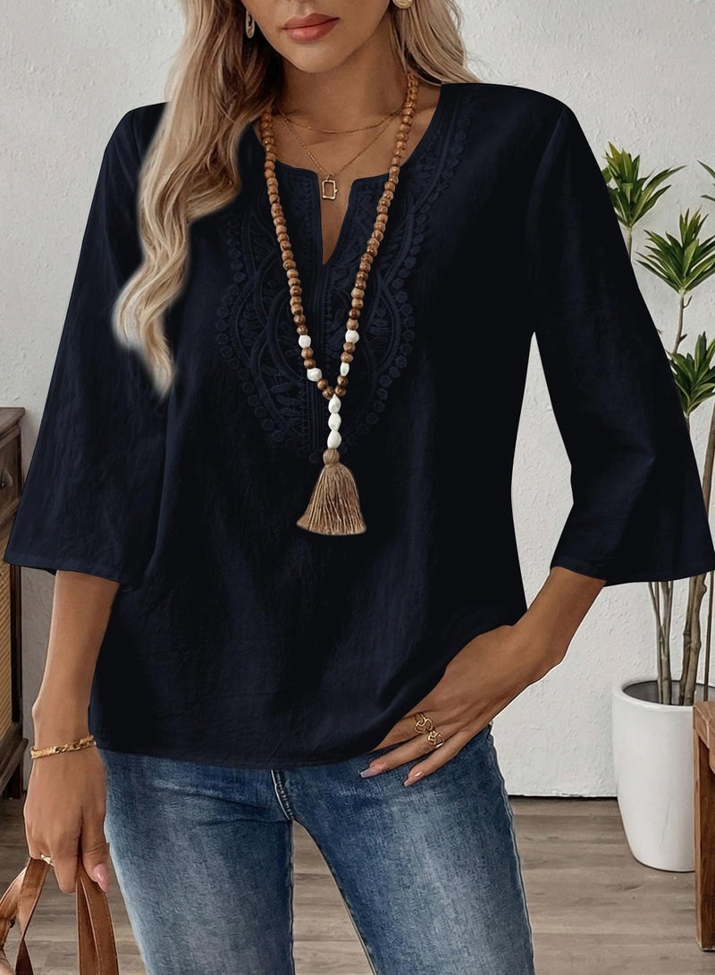 EVALESS Spring Tops for Women Trendy 2026 Boho 3/4 Sleeve Embroidered Lace V Neck Business Work Blouses Dressy Casual Navy Blue XL - Image 3