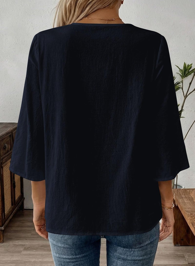 EVALESS Spring Tops for Women Trendy 2026 Boho 3/4 Sleeve Embroidered Lace V Neck Business Work Blouses Dressy Casual Navy Blue XL - Image 5