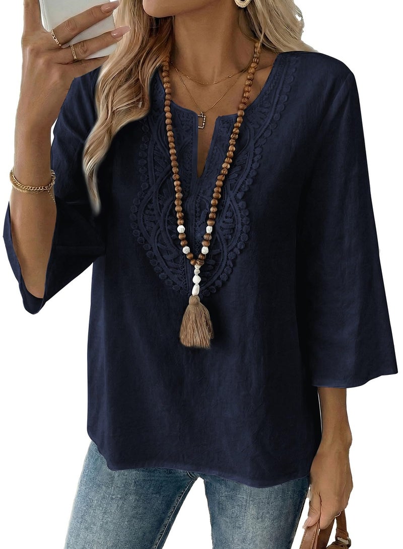 EVALESS Spring Tops for Women Trendy 2026 Boho 3/4 Sleeve Embroidered Lace V Neck Business Work Blouses Dressy Casual Navy Blue XL - Image 1