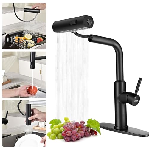 WEWE Waterfall Kitchen Faucet with Pull Down Sprayer Black Kitchen Faucet with 3 ModesSweepStreamWaterfall Swivel Switch ModeSingle Handle Kitchen Sink Faucet - Image 1