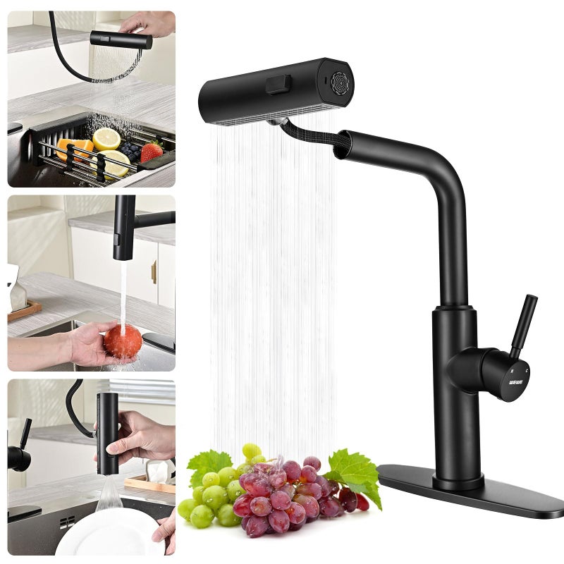 WEWE Waterfall Kitchen Faucet with Pull Down Sprayer Black Kitchen Faucet with 3 ModesSweepStreamWaterfall Swivel Switch ModeSingle Handle Kitchen Sink Faucet - Image 2