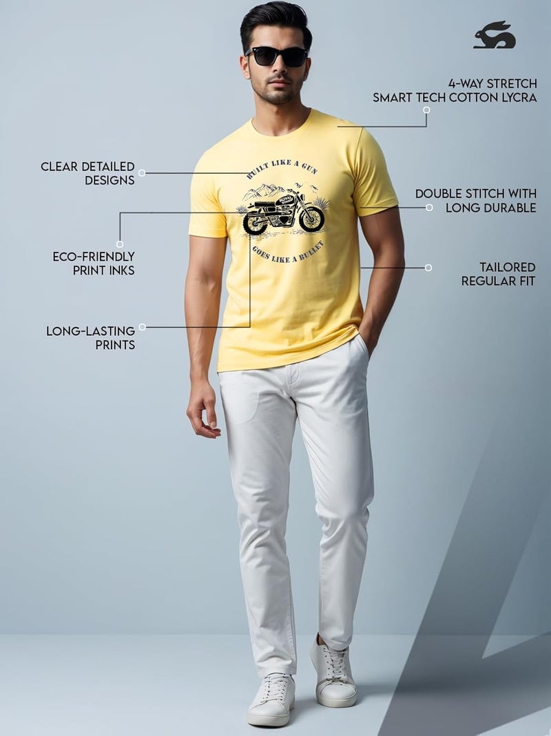 adro تي شيرت ADRO للرجال بتصميم دراجة ملكية مطبوعة 100% قطن - أصفر فاتح، مقاس عادي - Image 5