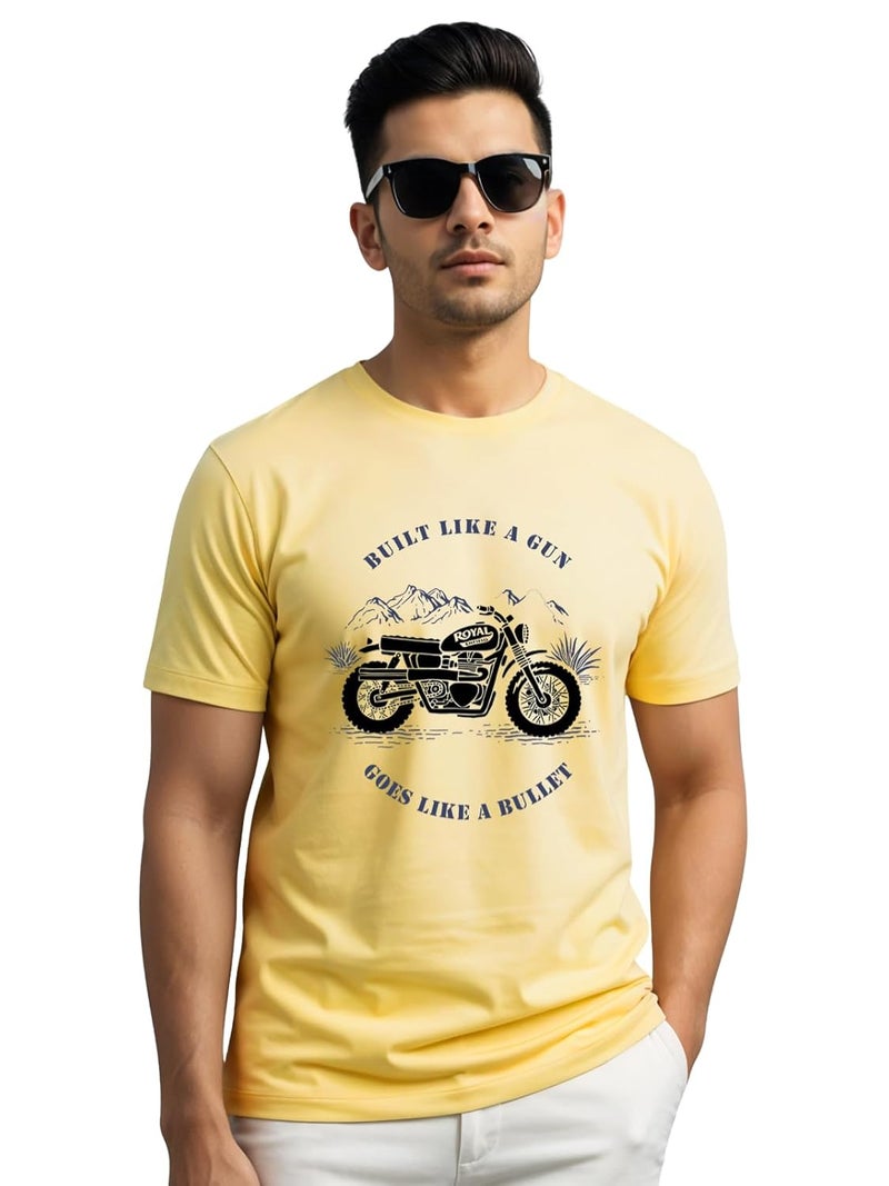 adro تي شيرت ADRO للرجال بتصميم دراجة ملكية مطبوعة 100% قطن - أصفر فاتح، مقاس عادي - Image 1