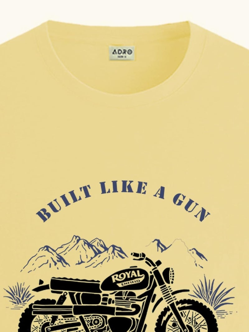 adro تي شيرت ADRO للرجال بتصميم دراجة ملكية مطبوعة 100% قطن - أصفر فاتح، مقاس عادي - Image 2