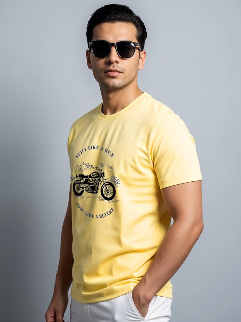 adro تي شيرت ADRO للرجال بتصميم دراجة ملكية مطبوعة 100% قطن - أصفر فاتح، مقاس عادي - Image 4