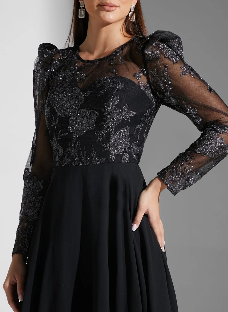 chinese dress ladies Long Sleeve Embroidered Midi Dress in Black