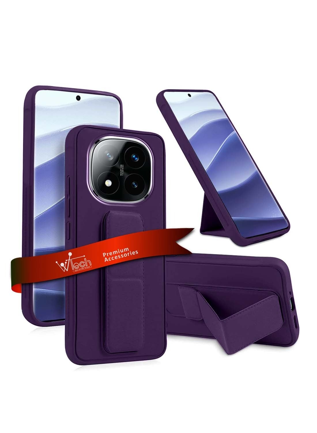 Wtech Xiaomi Redmi Note 14 Pro+ / Redmi Note 14 Pro Plus 5G 2024 Hand Grip Foldable Magnetic Kickstand Wrist Strap Finger Grip with Built-in Iron Case Cover (MCGHSN) - Eggplant Purple
