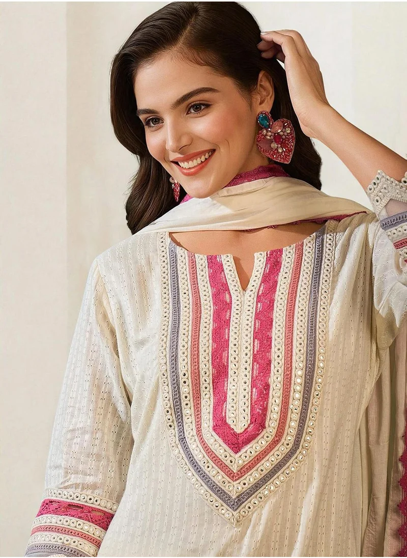 آي شين Women's Off White 100% Cotton Printed Tunic Full Length Casual Straight Fit Kurta Set