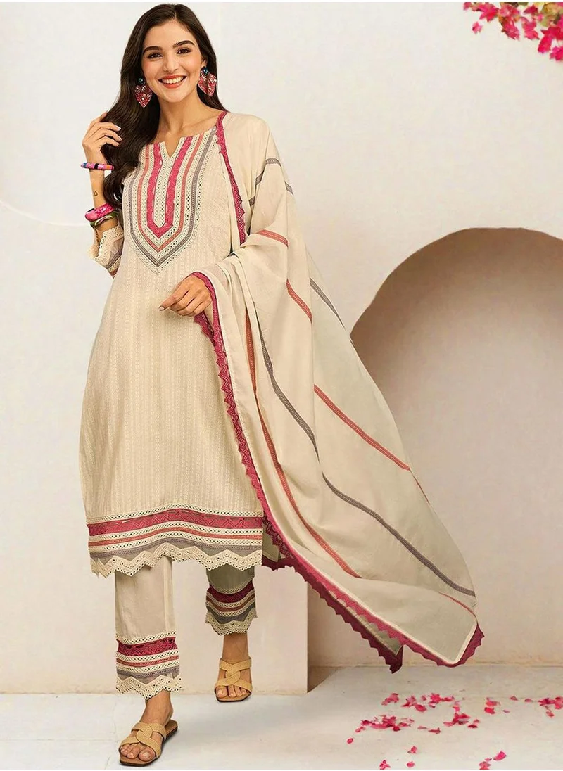 آي شين Women's Off White 100% Cotton Printed Tunic Full Length Casual Straight Fit Kurta Set