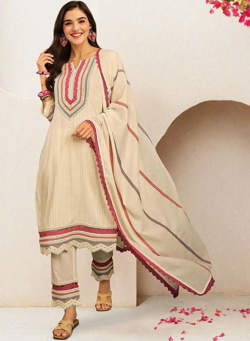 ISHIN Women's Off White 100% Cotton Printed Tunic Full Length Casual Straight Fit Kurta Set  - Image 2