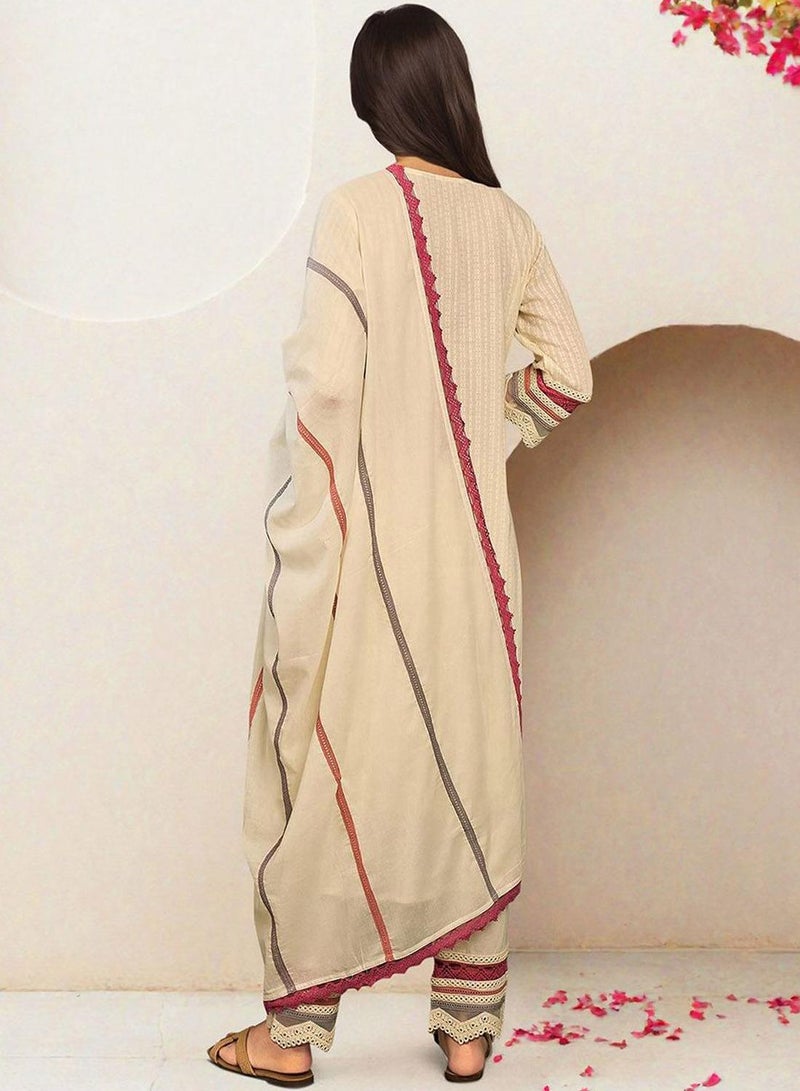 ISHIN Women's Off White 100% Cotton Printed Tunic Full Length Casual Straight Fit Kurta Set  - Image 5
