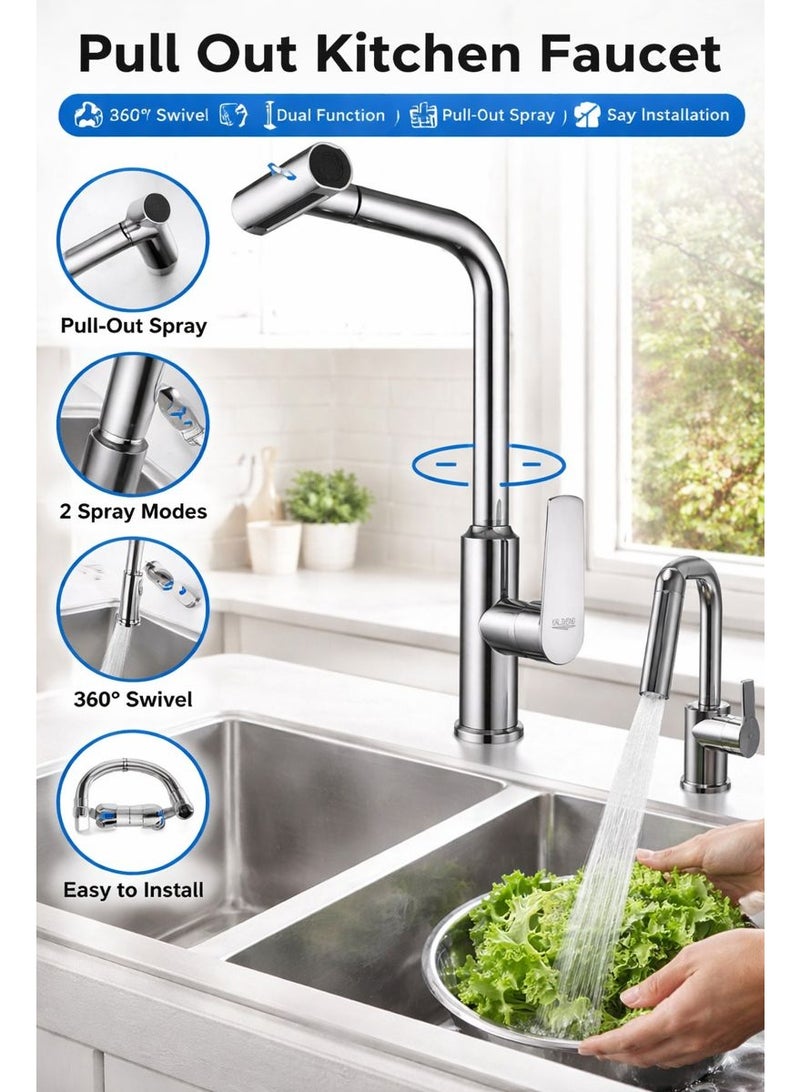 Yalin Pull-Out Kitchen Faucet, Chrome Finish Single Handle Sink Mixer with Dual Spray Modes, 360° Swivel & Easy Installation - Image 1