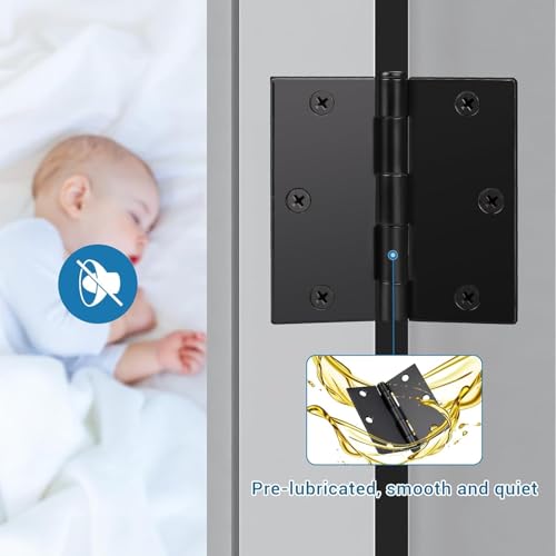 KNOBWELL 3 Pack Matte Black Door Hinges Interior Door Hinges, 3.5 Inch X 3.5 Inch Hinge with Square Corners, No Squeak - Image 3