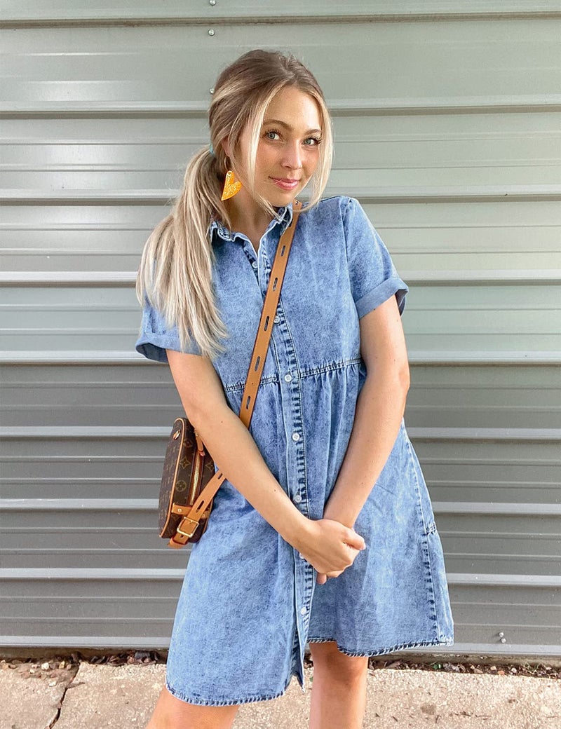 LookbookStore Holiday Dresses for Women 2026 Button Down Dress Denim Babydoll Jean Dress Short Sleeves Midi Summer Dress Oversized Denim Short Dress Bay Blue Size XL Babydoll Dress Size 16 18 - Image 3