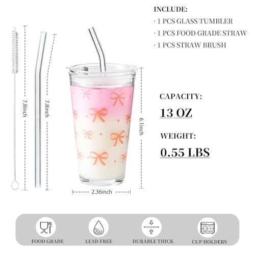 Olvini 15oz Glass Tumbler with Glass Straw and Lid, Cute Iced Coffee Cups, Aesthetic Glass Cups, Coffee Tumbler, Water Cup, Matcha Cup, Drinking Glasses (Bow) - Image 2