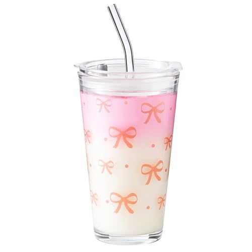 Olvini 15oz Glass Tumbler with Glass Straw and Lid, Cute Iced Coffee Cups, Aesthetic Glass Cups, Coffee Tumbler, Water Cup, Matcha Cup, Drinking Glasses (Bow) - Image 1