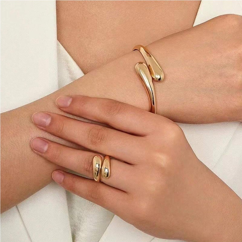 Decixde Bangle Ring Set Chunky Gold Bangle Bracelet And Ring Statement Jewelry Set for Women (Gold-B) - Image 2