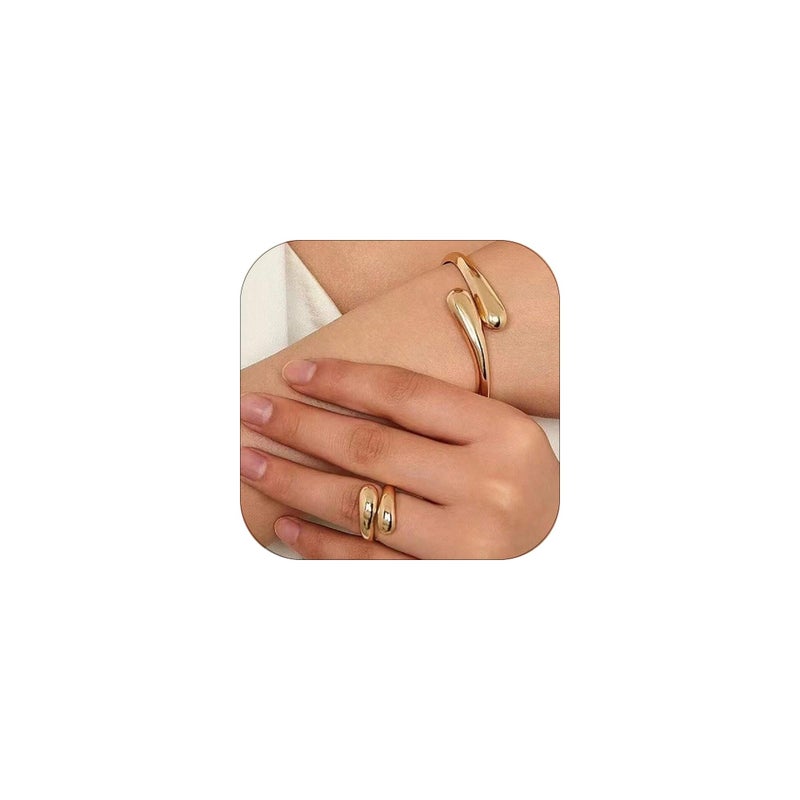 Decixde Bangle Ring Set Chunky Gold Bangle Bracelet And Ring Statement Jewelry Set for Women (Gold-B) - Image 1