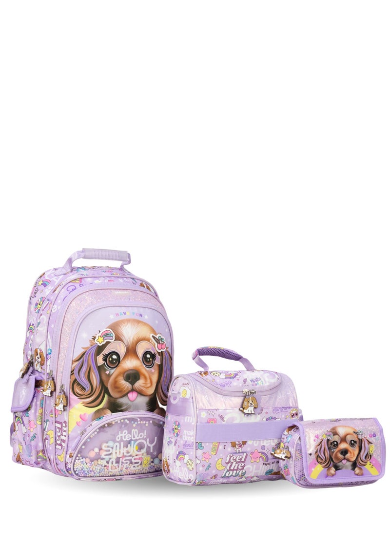 Fantastic MM035, CHIMOLA Girls School Bag Set, Backpack with Lunch Bag and Pencil Case, Dog and Rainbow Design, Purple - Image 1