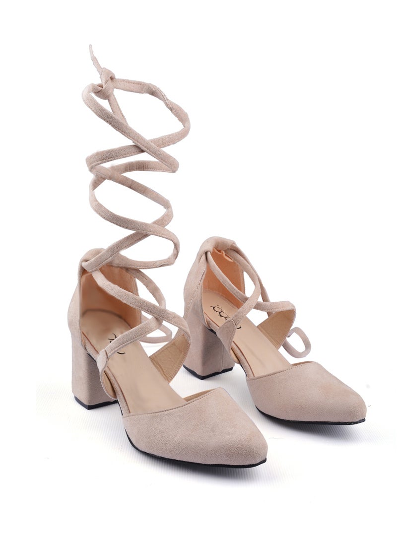 LIFESTYLISH - Shoes Mid Heels Suede With Lace-Up F-18 - Beige - Image 1