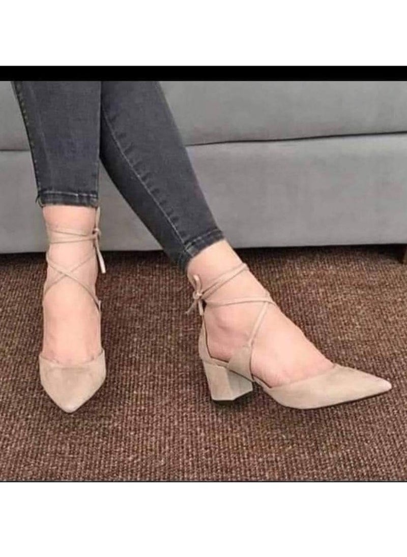 LIFESTYLISH - Shoes Mid Heels Suede With Lace-Up F-18 - Beige - Image 1