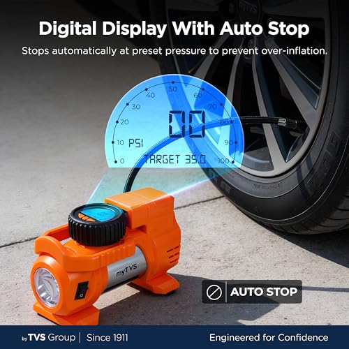 myTVS Air Thunder Digi Tyre Inflator for Car and Bike with LED Torch (100 PSI, Auto Stop, Digital Meter, Durable Metal Body, 3m Cord) | Air Pump for Car Tyre Inflator Pump TI-88, 1+1 Years Warranty - Image 2