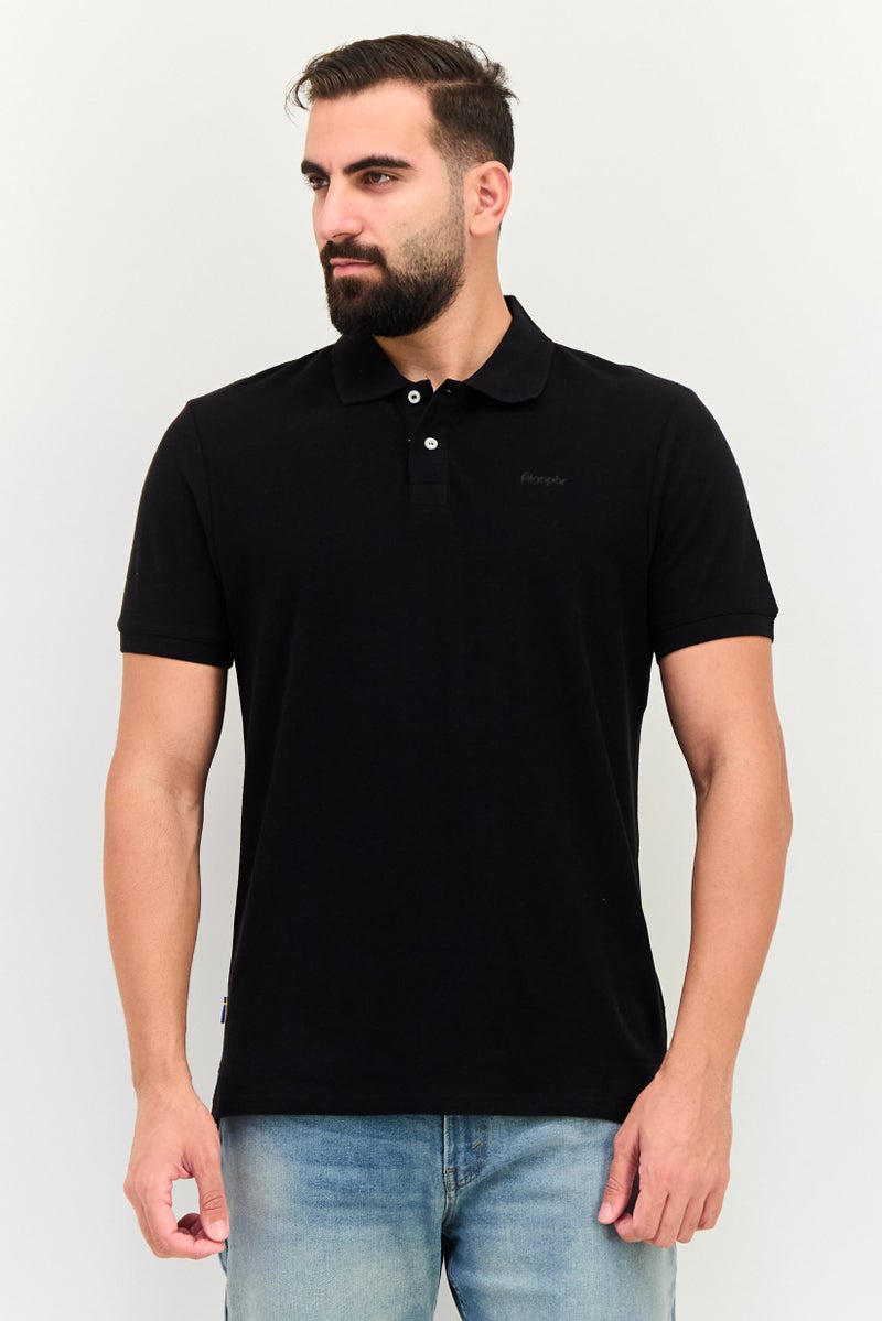 Algspar قميص بولو قصير الأكمام بتصميم عادي للرجال بشعار العلامة التجارية، أسود - Image 1