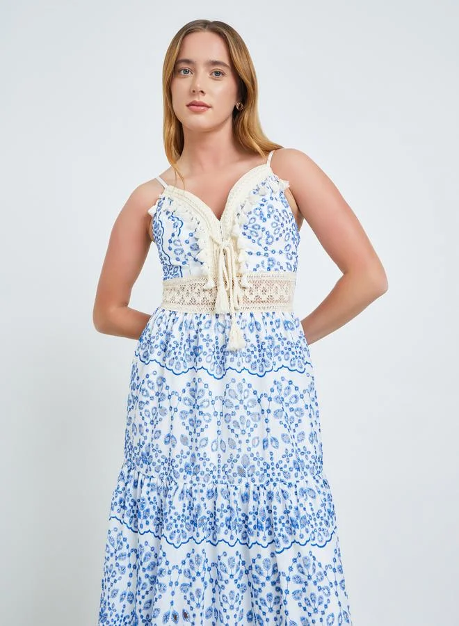 Take Two Blue Graphic Print Lace Detail Strappy Maxi Dress