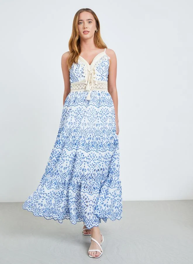 Take Two Blue Graphic Print Lace Detail Strappy Maxi Dress