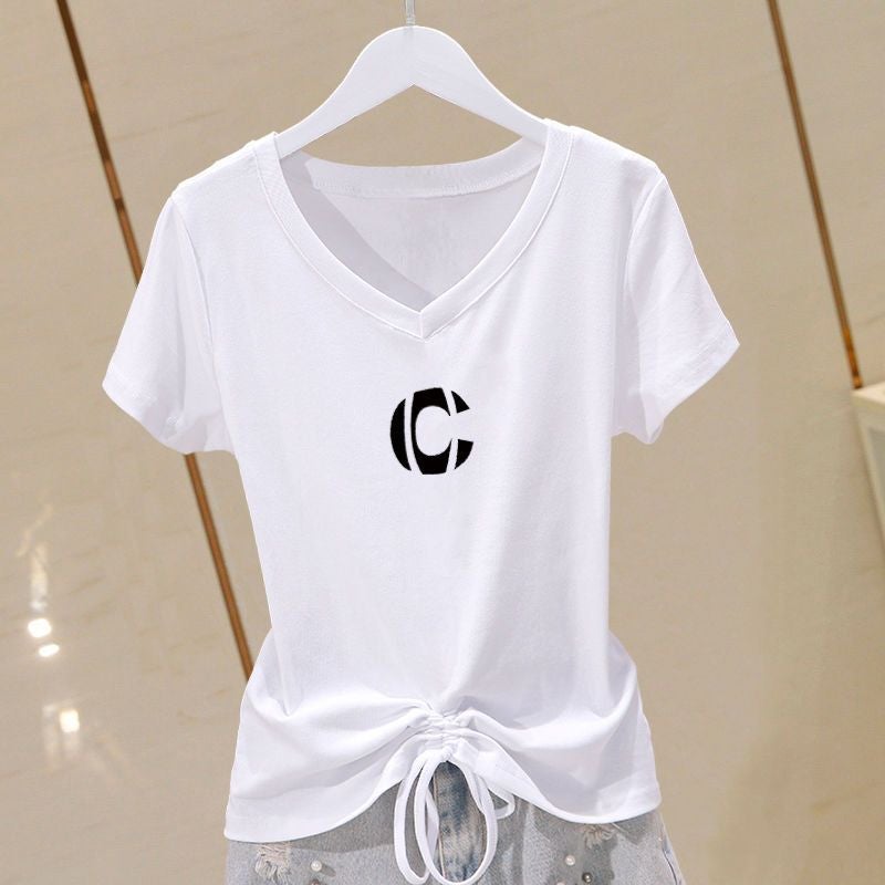 Summer Plus Size Cotton V-Neck Slimming Tee for Women White-letter-C