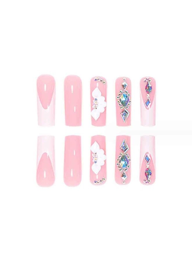 Foccna White Press on Nails Artificail Extra Long, French Square Fake Nails, Crystal Flowers Nails Acrylic Full Cover Long Fake Nails with Design Nail Tips for Women&Girls-24PCS - Image 3