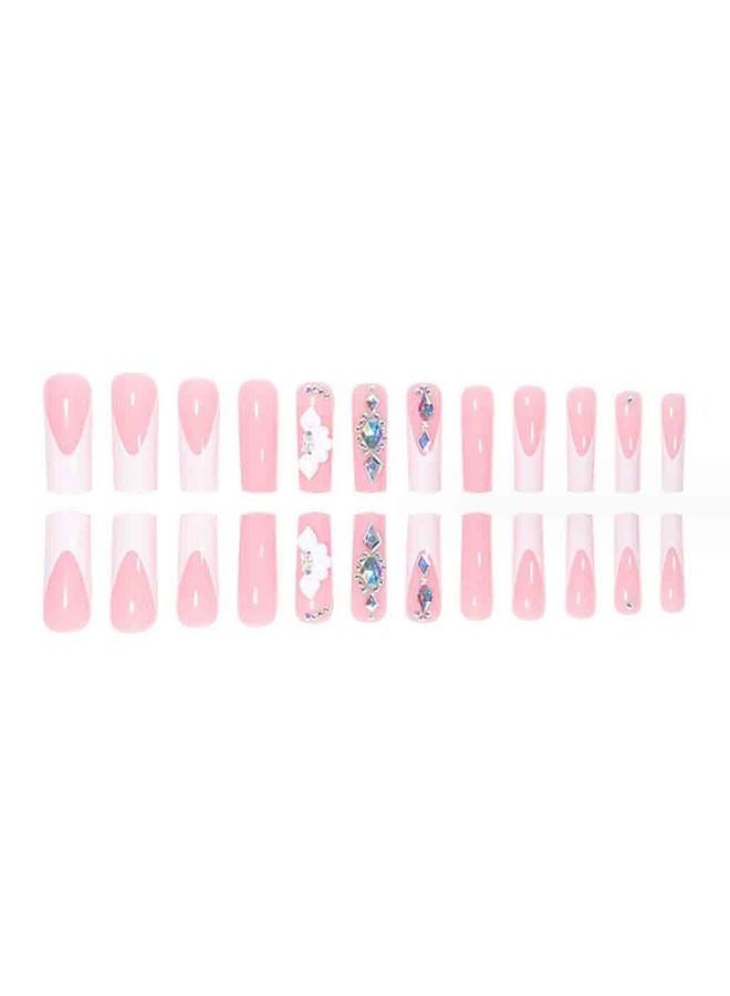 Foccna White Press on Nails Artificail Extra Long, French Square Fake Nails, Crystal Flowers Nails Acrylic Full Cover Long Fake Nails with Design Nail Tips for Women&Girls-24PCS - Image 2