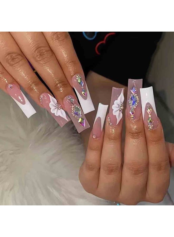 Foccna White Press on Nails Artificail Extra Long, French Square Fake Nails, Crystal Flowers Nails Acrylic Full Cover Long Fake Nails with Design Nail Tips for Women&Girls-24PCS - Image 1