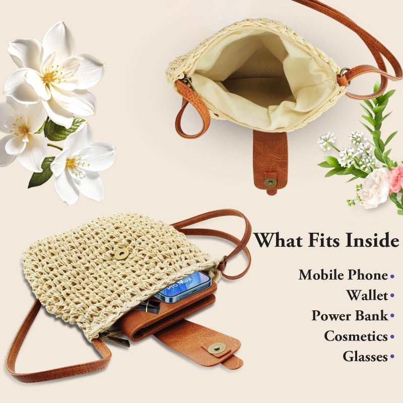 Bototack Small Straw Crossbody Bag for Women Boho Handmade Woven Summer Beach Bag Handbags Shoulder Purse for Vacation (Beige) - Image 4