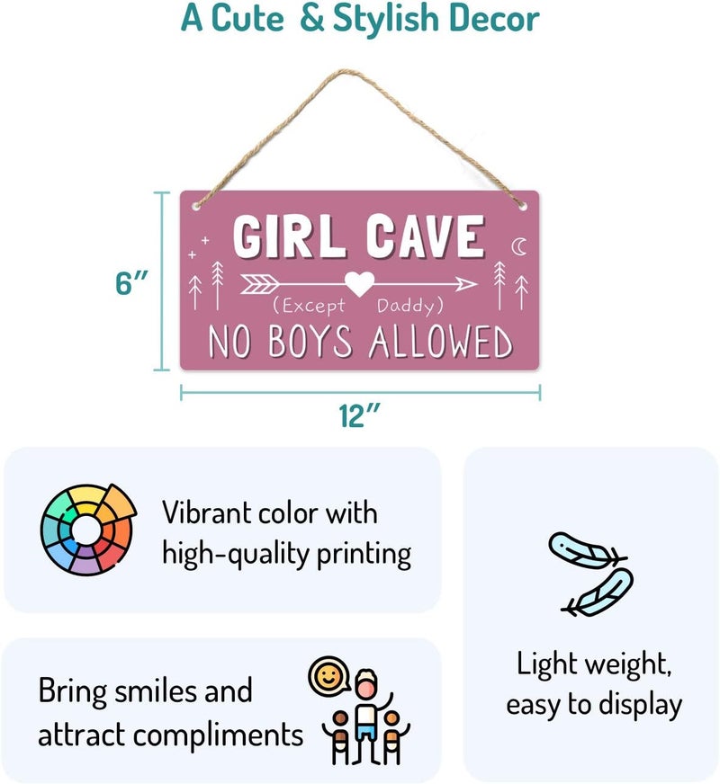 BPA Girl Cave Sign, Girls Room Decorations for Bedroom, 12x6 PVC Plastic Decoration Hanging Sign, High Precision Printing, Water Proof, Kids Room Signs for Door, No Boys Allowed Sign, Room Decor - Image 2