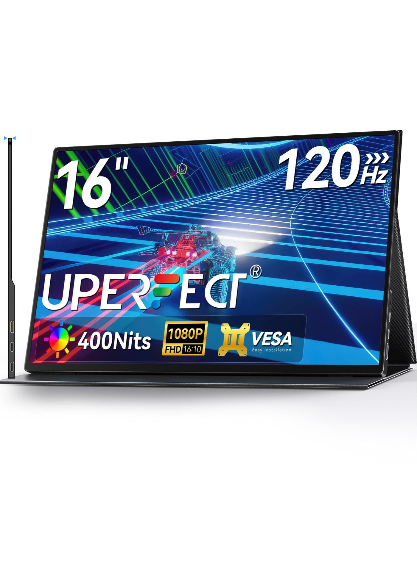 UPERFECT Portable Monitor 16 Inch 120Hz 1920*1200 FHD Display USB C Mini HDMI for Laptop PC Smartphone XBO Switch PS4/5, Metal Body, Portable Screen VESA Mountable