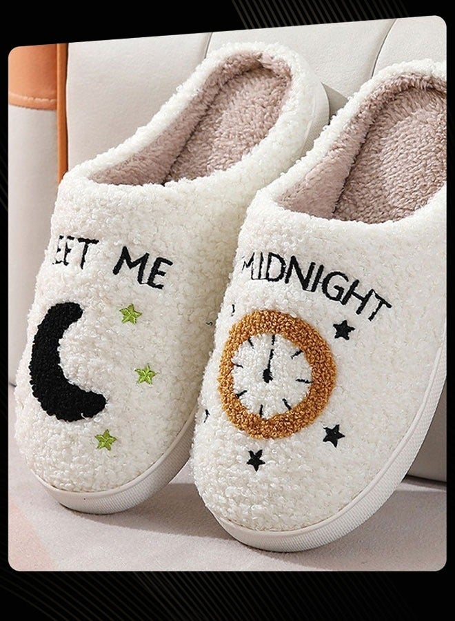 Joychic Meet Me at Midnight Bedroom Slippers for Women Men Couple Plush Fuzzy Cozy House Slippers Autumn and Winter Warm Indoor Outdoor Lightweight Soft Slides - Image 1