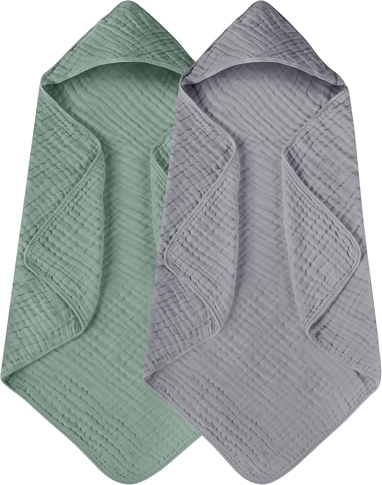 Yoofoss Hooded Baby Towels for Newborn 2 Pack 100% Muslin Cotton Baby Bath Towel with Hood for Babies, Infant, Toddler and Kids, Large 32x32Inch, Soft and Absorbent Newborn Essential - Image 1