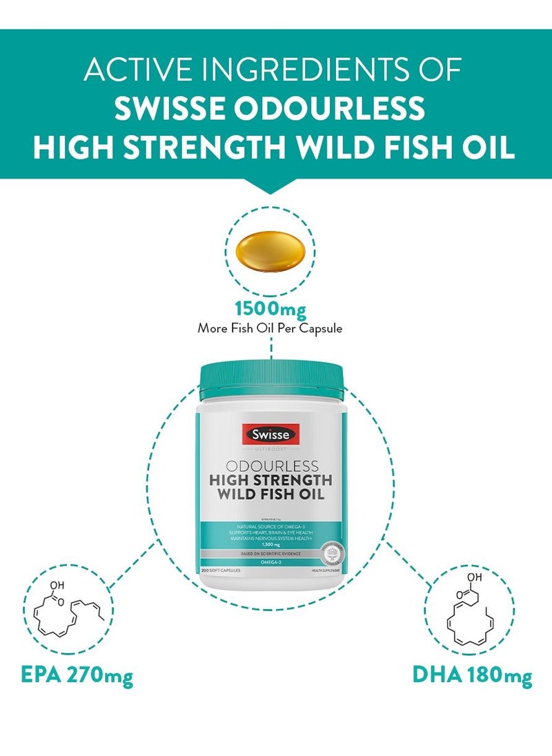 Swisse - Ultiboost Odourless High Strenght Wild Fish Oil Natural Source of OMEGA-3 Supports Heart, Brain And Eye Health, And Maintains Nervous System Health 1500 mg - 200 Soft Capsules - Image 1