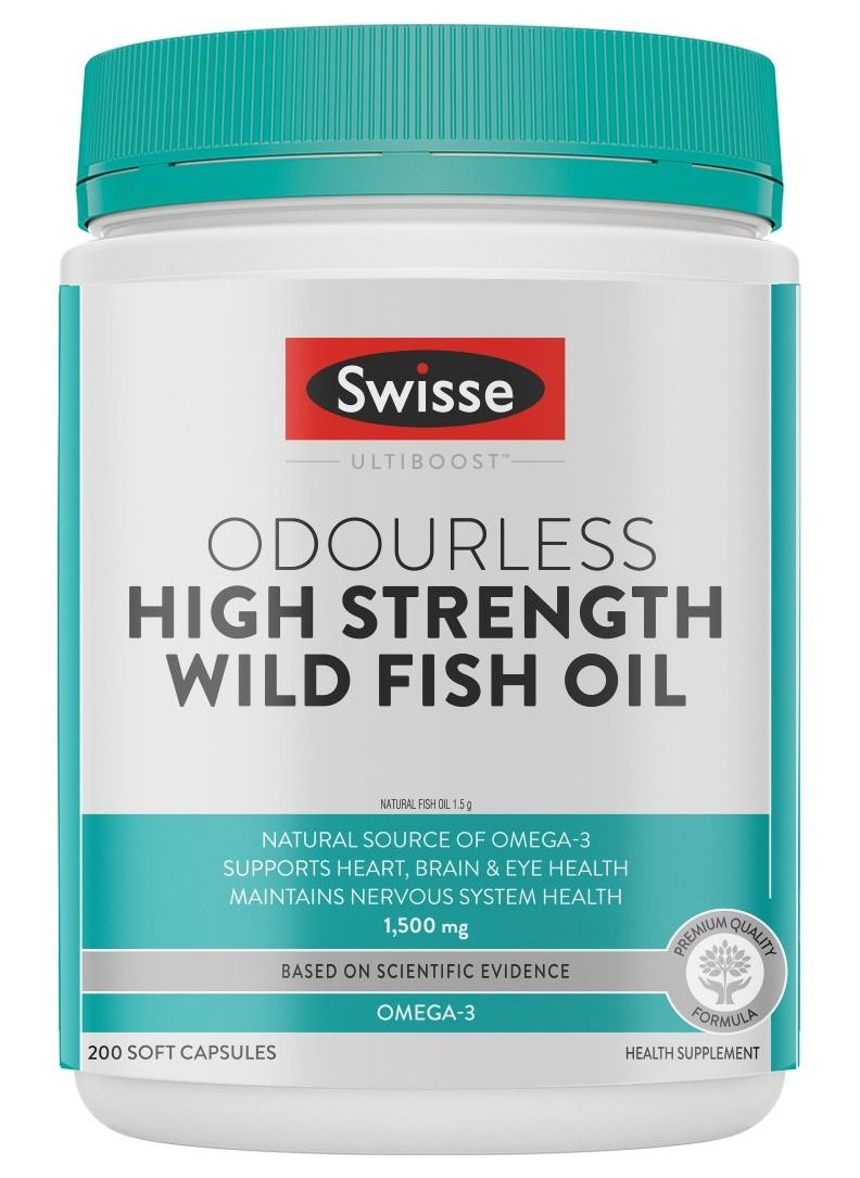 Ultiboost Odourless High Strenght Wild Fish Oil OMEGA-3 Supports Heart, Brain And Eye Health, And Maintains Nervous System Health - 200 Soft Capsules 