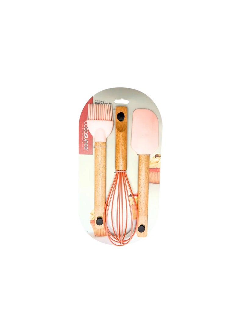 Generic Silicone Cooking Set Consist of 3 PCS (Spatula/Egg Beater/Brush) With Wooden Handel 26cm (Pink).  - Image 1